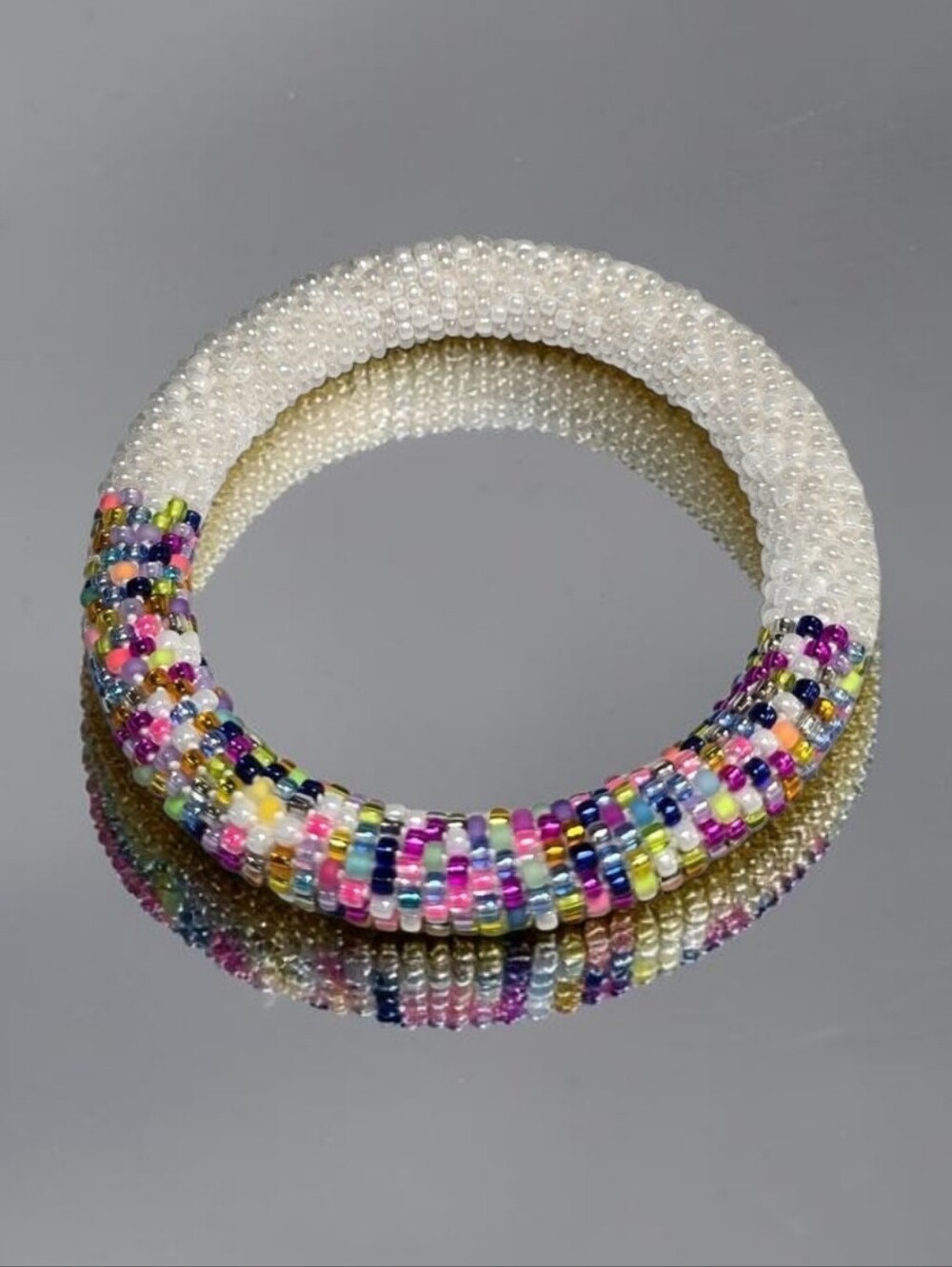 Handcrafted White & Multicolor Beaded Bangle Bracelet